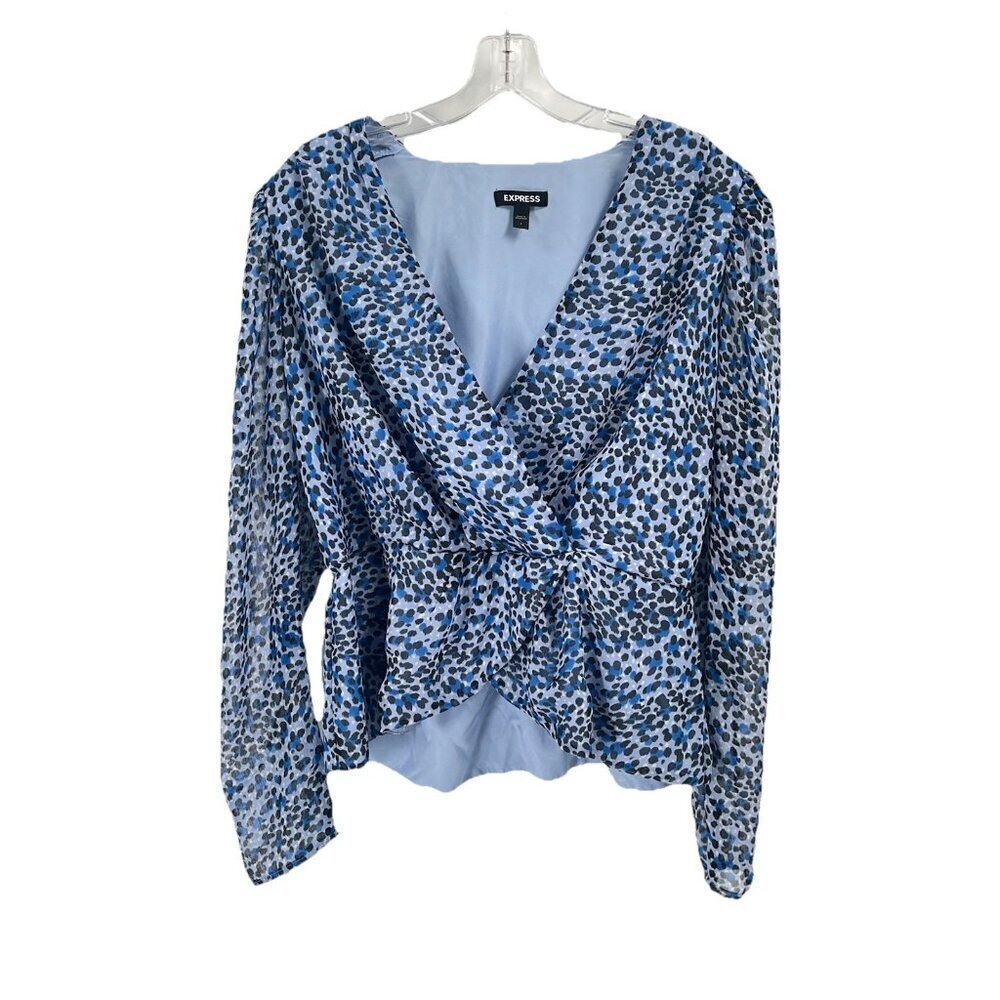 Express Blue Gray Faux Wrap Top Sz Large Animal Print V Neck Long Sleeve